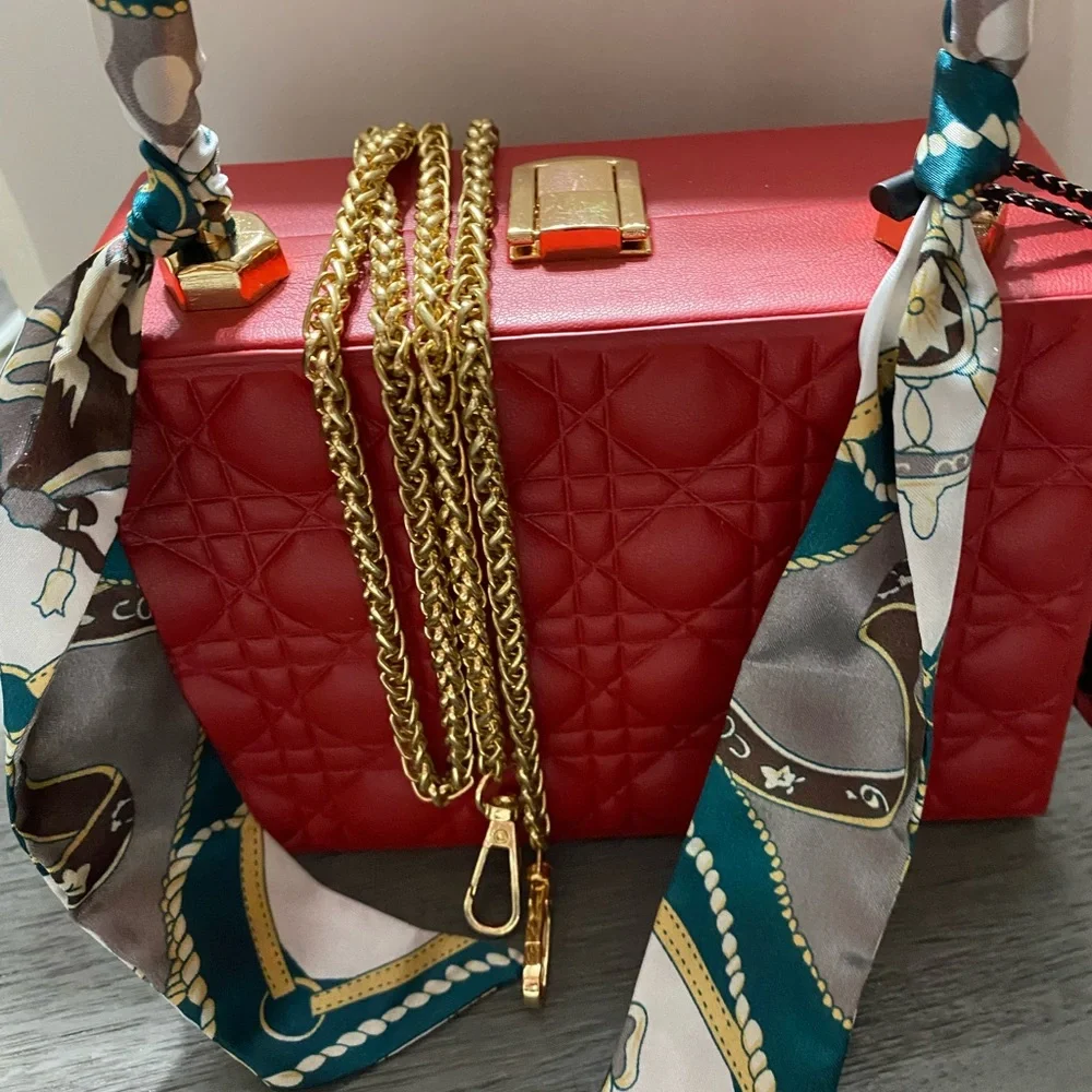 Elegant Red Quilted Handbag with Scarf Accent and Gold tone chain - Picture 5 of 5